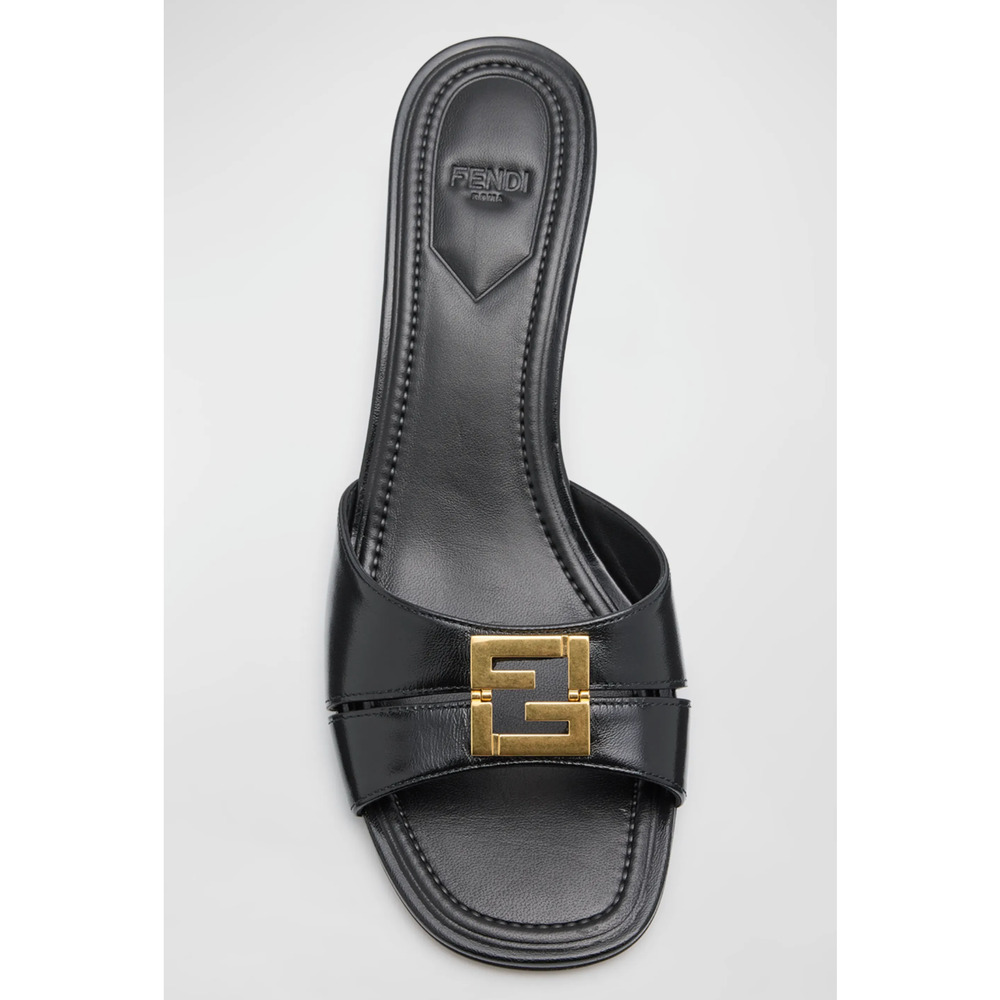 Fendi Fold Slide Black Leather Gold FF Logo Mule Kitten Heel Pump Sandals 37.5 - Picture 12 of 16